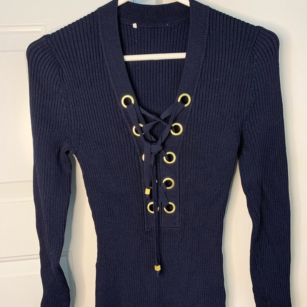 Michael kors navy blue ribbed laceup sweater dress